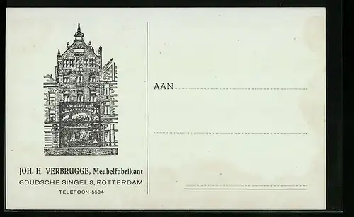 AK Rotterdam, Joh. H. Verbrugge, Meubelfabrikant, Goudsche Singel 8