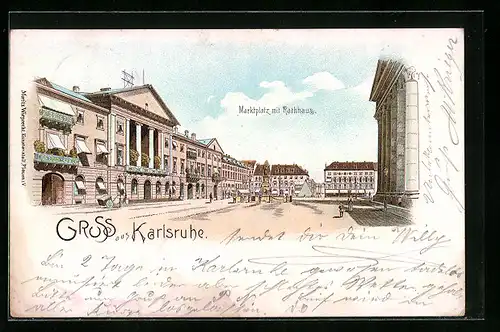 Lithographie Karlsruhe, Marktplatz mit Rathaus
