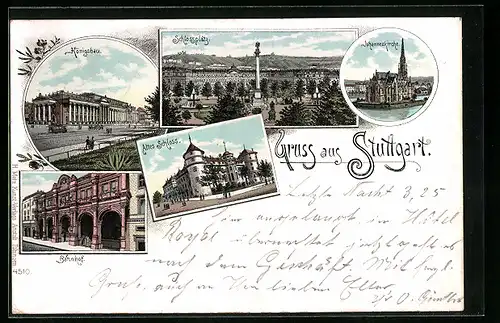 Lithographie Stuttgart, Bahnhof, Königsbau, Altes Schloss