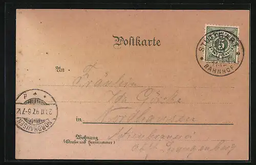 Lithographie Stuttgart, Bahnhof, Königsbau, Altes Schloss