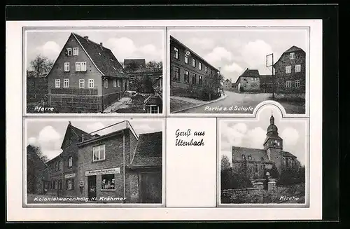AK Utenbach, Pfarre, Kolonialwarenhandlung Kl. Krähmer, Kirche