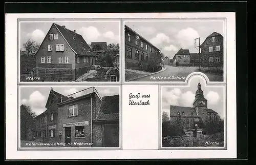 AK Utenbach, Pfarre, Kolonialwarenhandlung Kl. Krähmer, Kirche
