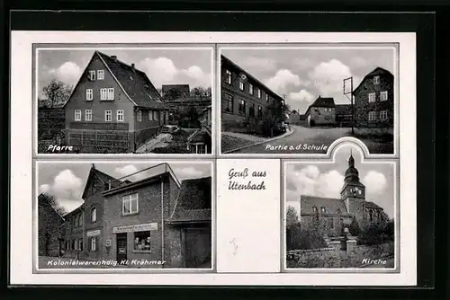 AK Utenbach, Pfarre, Kolonialwarenhandlung Kl. Krähmer, Kirche