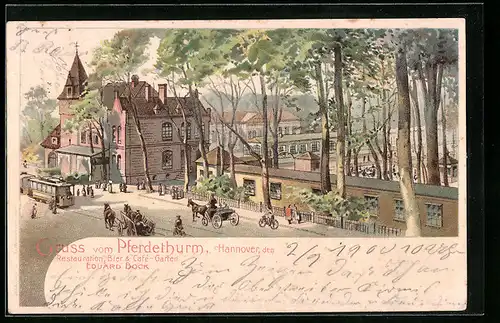 Lithographie Hannover, Gasthaus Pferdethurm, Strassenbahn