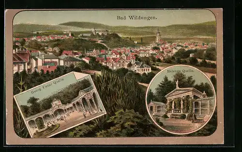 Lithographie Bad Wildungen, Gesamtansicht, Georg Victor Quelle, Helenen Quelle