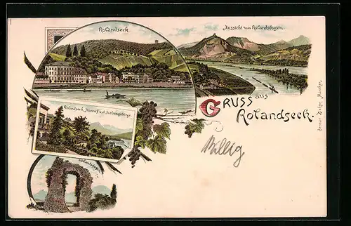 Lithographie Rolandseck, Gesamtansicht, Rolandsbogen, Rolandseck und Honnef und dem Siebengebirge