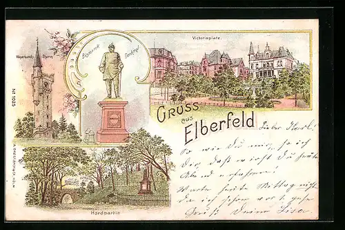 Lithographie Elberfeld, Victoriaplatz, Bismarck Denkmal, Weyerbusch Thurm