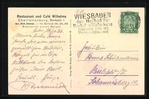 AK Berlin-Charlottenburg, Restaurant und Café Wilhelma, Rankestrasse 1