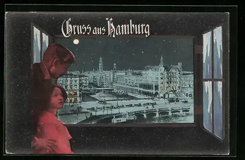 Mondschein-AK Hamburg, Ortspartie bei Nacht, Mann und Frau am Fenster
