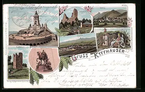 Lithographie Kyffhäuser, Rotenburg, Kelbra, Sage Friedrich Barbarossa`s