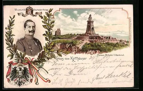 Lithographie Kyffhäuser, Kaiser Wilhelm I. Denkmal, Wilhelm II. Deutscher Kaiser, Wappen