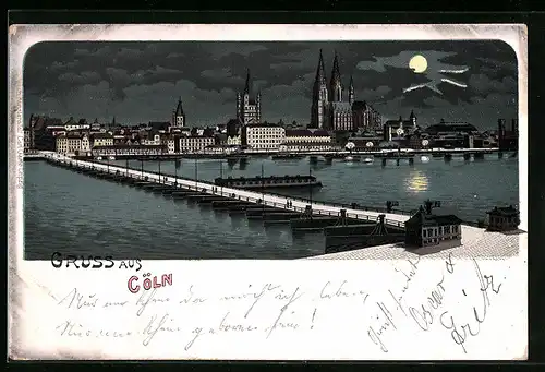 Mondschein-Lithographie Cöln, Uferpartie bei Nacht