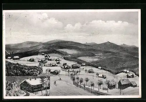 Künstler-AK Oberjugel /Erzgeb., Ortsansicht, Gast- und Fremdenhof Erbgericht