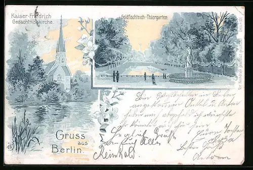 Lithographie Berlin-Charlottenburg, Kaiser-Friedrich Gedächtniskirche, Goldfischreich-Thiergarten