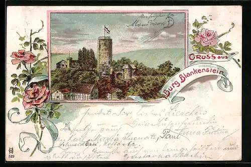 Lithographie Blankenstein, Burg Blankenstein, Rosenblüten