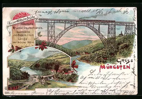 Lithographie Müngsten, Kaiser-Wilhelm-Brücke, Ortsansicht