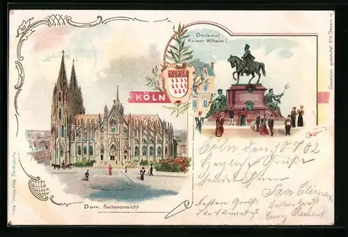 Lithographie Köln, Denkmal Kaiser Wilhelm I., Seitenansicht des Doms
