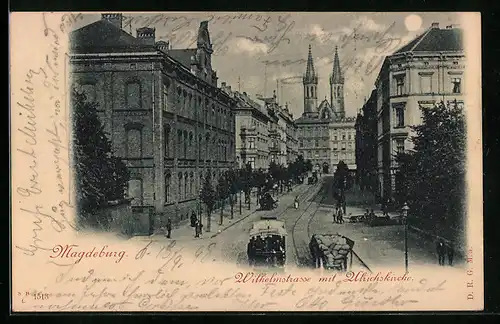 AK Magdeburg, Wilhelmstrasse mit Ulrichskirche im Mondschein