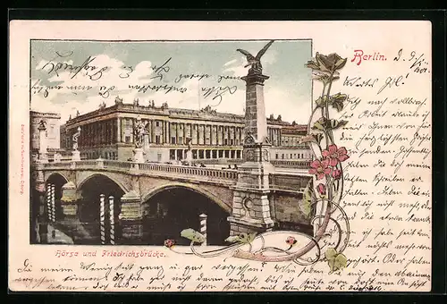 Lithographie Berlin, Börse und Friedrichsbrücke