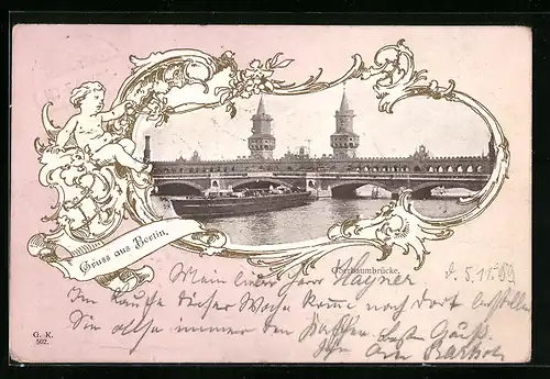 Passepartout-AK Berlin-Friedrichshain, Gruss mit der Oberbaumbrücke