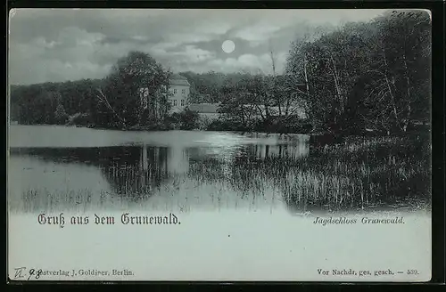 Mondschein-AK Grunewald, Jagdschloss Grunewald unterm Vollmond