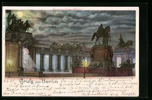 Mondschein-Lithographie Berlin, Denkmal von Kaiser Wilhelm I. bei Nacht