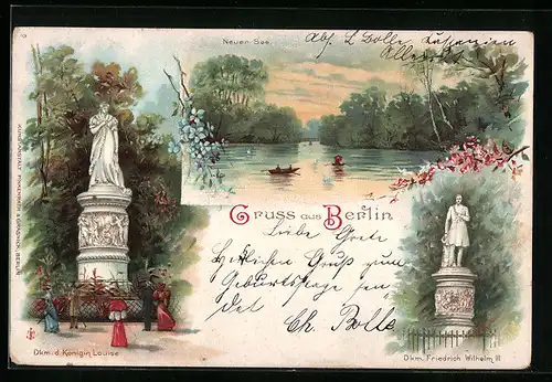 Lithographie Berlin-Tiergarten, Neuer See, Denkmal v. Königin Louise und Friedrich Wilhelm III.