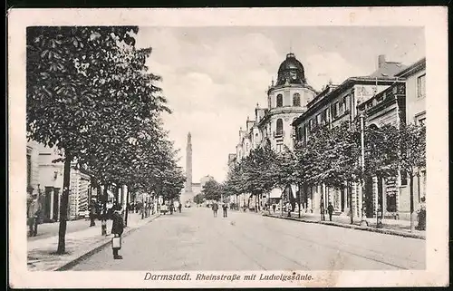 AK Darmstadt, Rheinstrasse mit Ludwigssäule