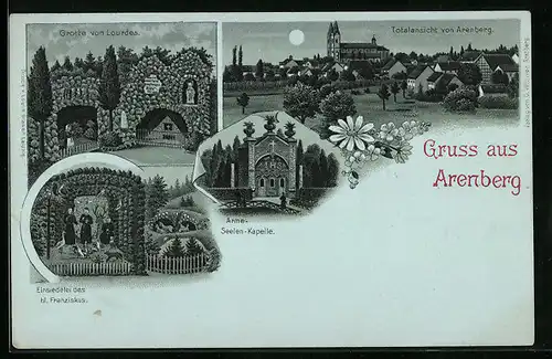 Mondschein-Lithographie Arenberg, Totalansicht, Arme-Seelen-Kapelle, Grotte von Lourdes