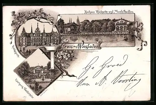 Lithographie Wiesbaden, Rathhaus, Kurhaus und Musikpavillon