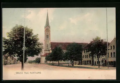 AK Plattling, Ortspartie mit Geschäften