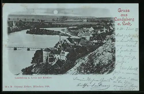 Mondschein-AK Landberg a. Lech, Teilansicht mit Kloster