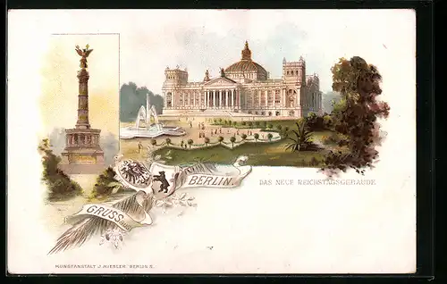 Lithographie Berlin-Tiergarten, Neues Reichstagsgebäude, Siegessäule