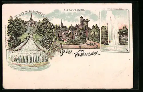 Lithographie Wilhelmshöhe, Herkules mit den Cascaden, Löwenburg und Grosse Fontaine