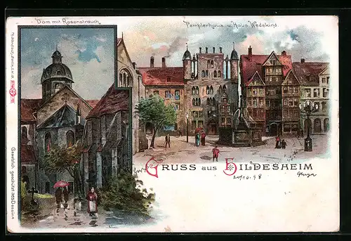 Lithographie Hildesheim, Templerhaus u. Haus Wedekind, Dom mit Rosenstrauch
