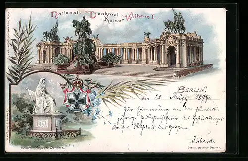 Lithographie Berlin, National-Denkmal Kaiser Wilhelm I., Kaiserin Auguste Denkmal