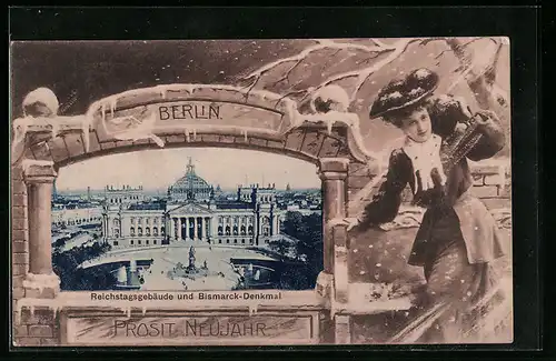 AK Berlin, Reichstagsgebäude und Bismarck-Denkmal, Neujahrsgruss, Passepartout