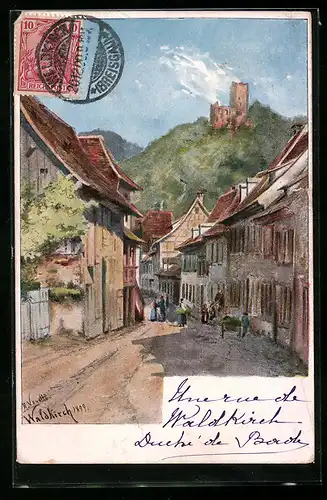 Künstler-AK Waldkirch, Strassenpartie mit Blick zur Ruine
