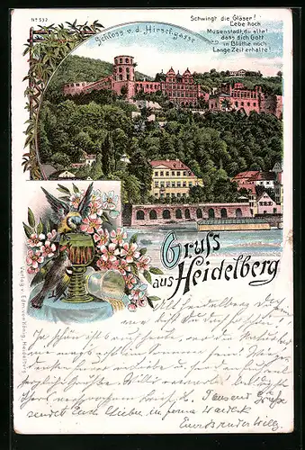Lithographie Heidelberg, Schloss v. d. Hirschgasse aus gesehen