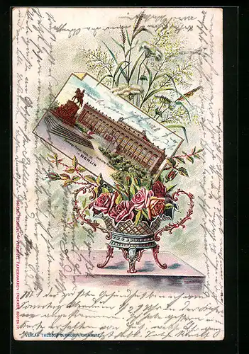 Lithographie Berlin, Das alte Museum mit Denkmal Friedrich Wilhelm III.