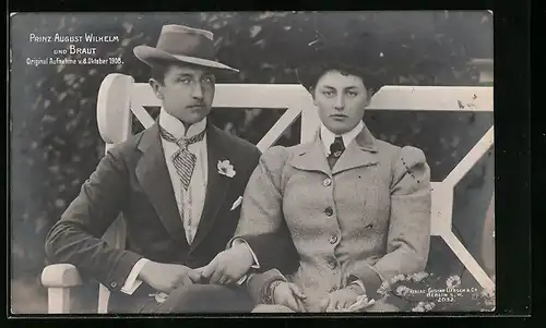 AK Prinz August Wilhelm von Preussen und Braut, Originalaufnahme 8. Oktober 1908