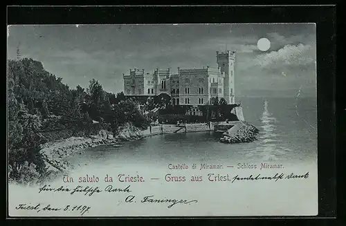 Mondschein-AK Triest, Schloss Miramar