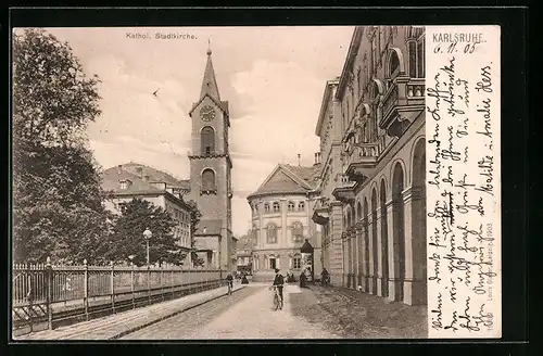 AK Karlsruhe, Katholische Stadtkirche mit Litfasssäule