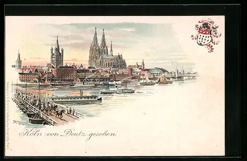 Lithographie Köln, Uferpartie mit Dom von Deutz gesehen