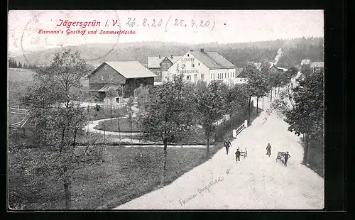 AK Jägersgrün i. V., Eismann`s Gasthof und Strassenpartie