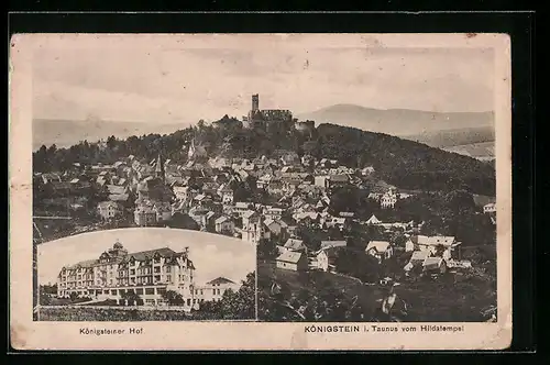 AK Königstein i. Taunus, Hotel Königsteiner Hof, Teilansicht mit Ruine vom Hildatempel