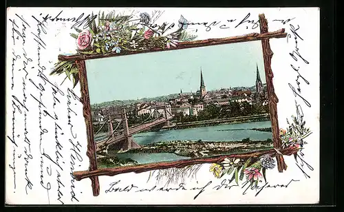 AK Mülheim a. d. Ruhr, Uferpartie mit Brücke, Passepartout