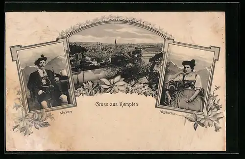 AK Kempten, Ortsansicht mit Allgäuer und Allgäuerin