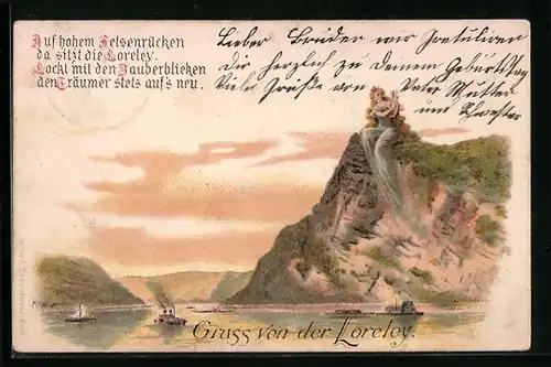 Lithographie Loreley, Die Loreley auf dem Felsen becirct die Träumer