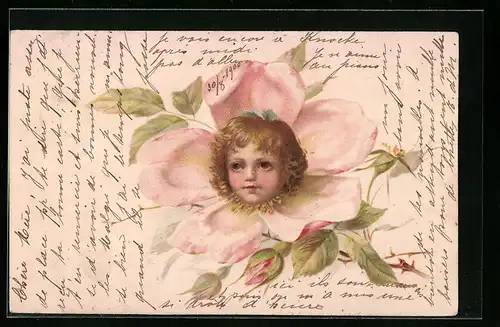 Künstler-AK Das Gesicht eines blonden Mädchens in einer Rosenblüte, Metamorphose